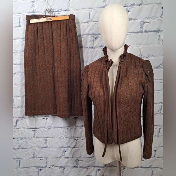Vintage 70s 60 San Yuet Women's 2 Pc Set Skirt Jacket Suit Brown Japan Small 25W - Picture 1 of 15